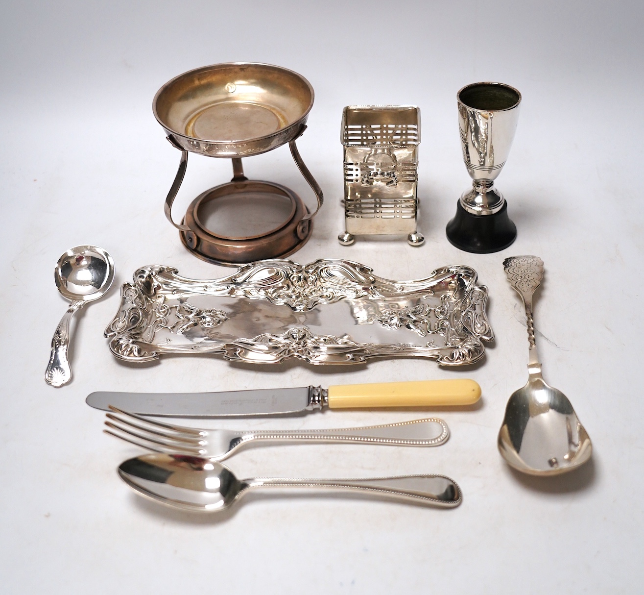 Assorted plated wares including a teapot with ebonised handle and an Art Nouveau style dish
